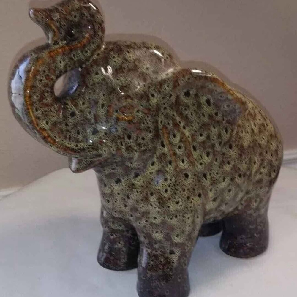 Elephant Ceramic Unbranded Trunk up brown & Yellow tones 10" T x 11.5 L x 5" w